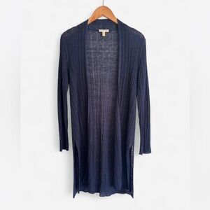 Eileen Fisher Organic Linen Long Ribbed Open Cardigan duster Navy Size Small
